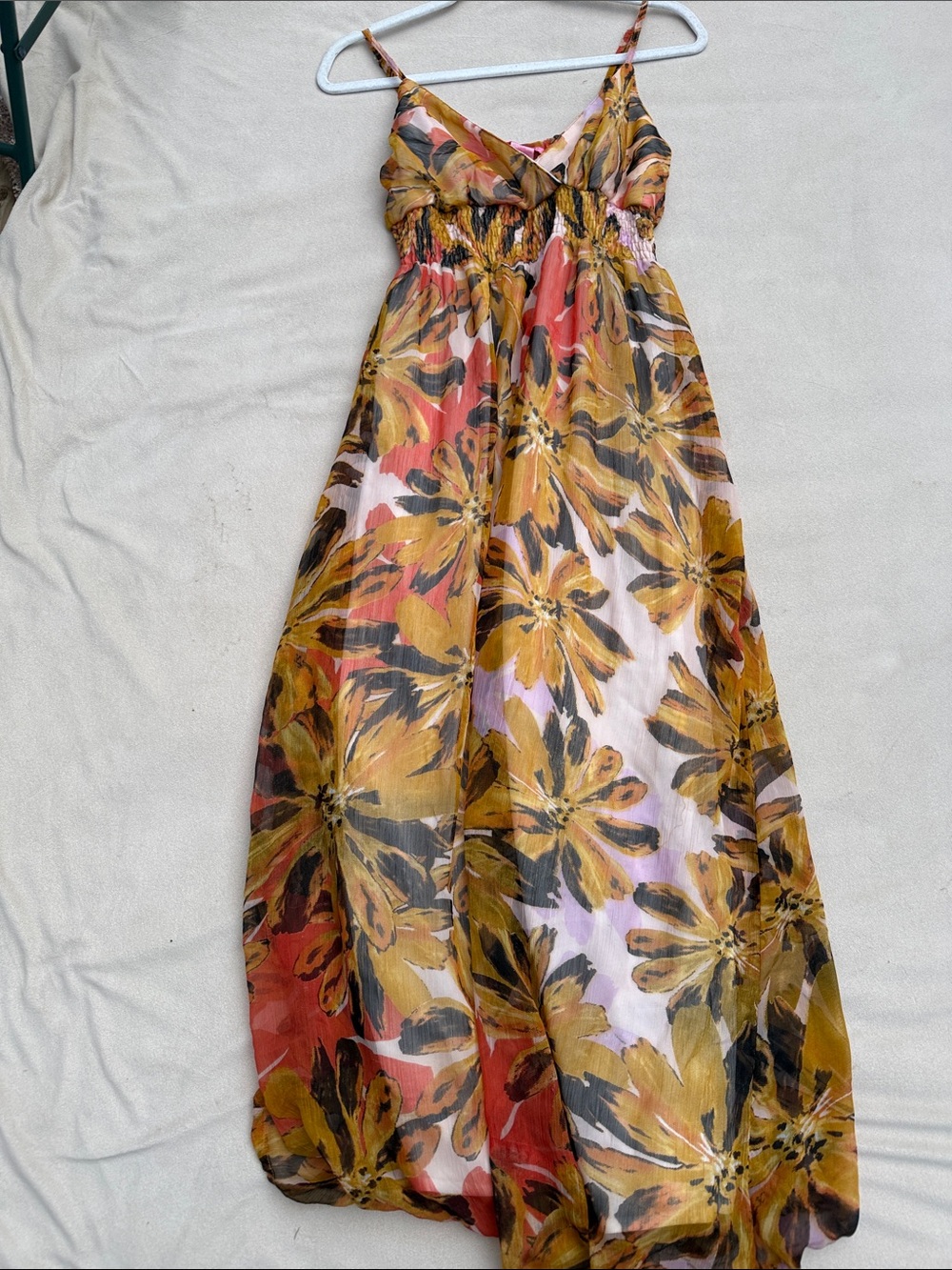 Vintage She's Cool y2k Floral Maxi Dress in Mustard, Black & Coral
